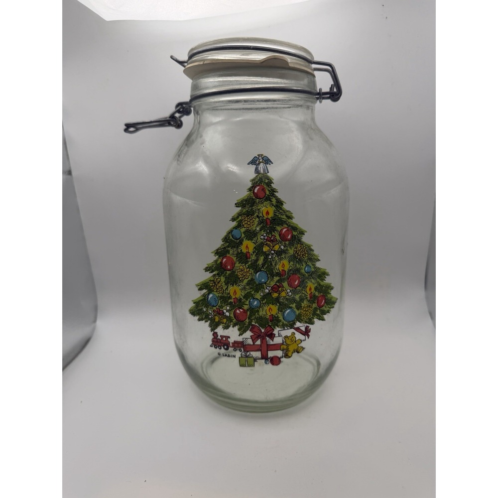 Vintage Sabin Christmas Tree Hermetic Glass Canister Jar Clamp Lid